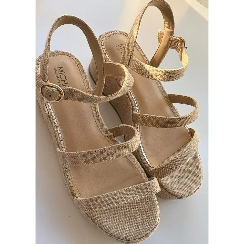 Michael Shannon Platform Sandals Linen Floral Embroidered Strappy Tan Womens 10